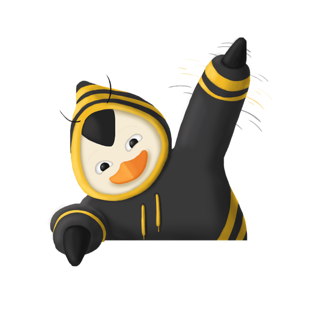 Mascote do Colmeia: um pinguim com moletom listrado de abelha acenando